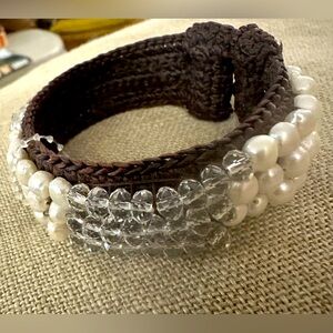 NWT Woven Brown Adjustable Cuff Bracelet with Pearls & Clear Beads Crochet BOHO
